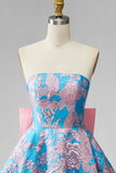 Blauwe Jacquard A-lijn strapless korte homecomingjurk met strik