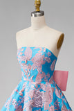 Blauwe Jacquard A-lijn strapless korte homecomingjurk met strik