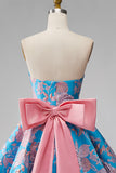 Blauwe Jacquard A-lijn strapless korte homecomingjurk met strik