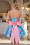 Blauwe Jacquard A-lijn strapless korte homecomingjurk met strik