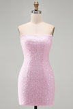 Glinsterend roze strapless bodycon pailletten korte homecomingjurk