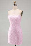 Glinsterend roze strapless bodycon pailletten korte homecomingjurk