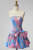 Jacquard blauwe strapless geruffelde A-lijn strassteen korte homecomingjurk met strik