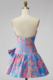 Jacquard blauwe strapless geruffelde A-lijn strassteen korte homecomingjurk met strik