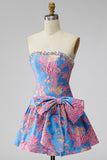 Jacquard blauwe strapless geruffelde A-lijn strassteen korte homecomingjurk met strik