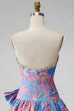 Jacquard blauwe strapless geruffelde A-lijn strassteen korte homecomingjurk met strik