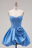 A-lijn donkerblauwe strapless kralenkorset Homecoming jurk met 3D-bloem