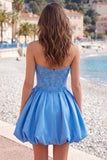 A-lijn donkerblauwe strapless kralenkorset Homecoming jurk met 3D-bloem