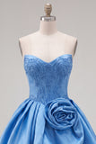 A-lijn donkerblauwe strapless kralenkorset Homecoming jurk met 3D-bloem