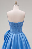 A-lijn donkerblauwe strapless kralenkorset Homecoming jurk met 3D-bloem