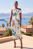 Witblauwe bloem Eenschouder Bodycon Gerimpelde Midi-jurk