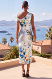 Witblauwe bloem Eenschouder Bodycon Gerimpelde Midi-jurk