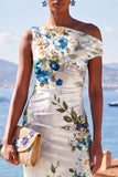 Witblauwe bloem Eenschouder Bodycon Gerimpelde Midi-jurk