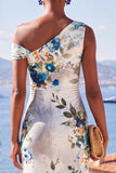 Witblauwe bloem Eenschouder Bodycon Gerimpelde Midi-jurk