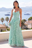 A-Line Mint Spaghetti Straps Rimpel Kant Maxi Bloemenjurk