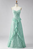 A-Line Mint Spaghetti Straps Rimpel Kant Maxi Bloemenjurk