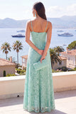 A-Line Mint Spaghetti Straps Rimpel Kant Maxi Bloemenjurk