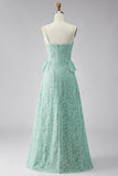 A-Line Mint Spaghetti Straps Rimpel Kant Maxi Bloemenjurk