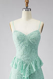 A-Line Mint Spaghetti Straps Rimpel Kant Maxi Bloemenjurk