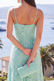 A-Line Mint Spaghetti Straps Rimpel Kant Maxi Bloemenjurk