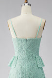 A-Line Mint Spaghetti Straps Rimpel Kant Maxi Bloemenjurk