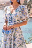 A-lijn blauwe V-hals midi bloemenjurk met puffmouwen