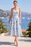Roze A-lijn strapless midi bloemenjurk