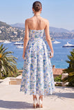 Roze A-lijn strapless midi bloemenjurk