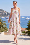 Roze A-lijn strapless midi bloemenjurk