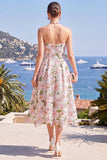 Roze A-lijn strapless midi bloemenjurk