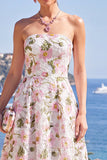 Roze A-lijn strapless midi bloemenjurk