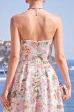 Roze A-lijn strapless midi bloemenjurk