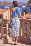 Eenschouder blauwe bodycon gerimpelde midi bloemenjurk met split