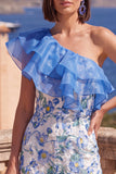 Eenschouder blauwe bodycon gerimpelde midi bloemenjurk met split