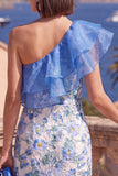 Eenschouder blauwe bodycon gerimpelde midi bloemenjurk met split