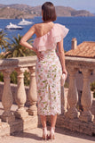 Eenschouder blauwe bodycon gerimpelde midi bloemenjurk met split