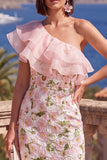 Eenschouder blauwe bodycon gerimpelde midi bloemenjurk met split