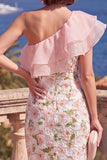 Eenschouder blauwe bodycon gerimpelde midi bloemenjurk met split