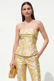 Gele 2-delige strapless bloemen Jacquard Slim Fit Damespakken