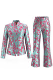 Stoffige groene open-front 2-delige slim fit bloemen damespakken