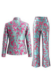 Stoffige groene open-front 2-delige slim fit bloemen damespakken