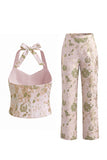 Green Flower 2-delige halter halshals enkelrijige jacquard damespakken