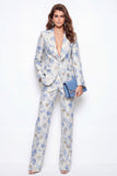 2-delige blauwe bloempiek revers jacquard eenknops damespakken