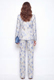 2-delige blauwe bloempiek revers jacquard eenknops damespakken