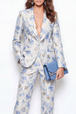 2-delige blauwe bloempiek revers jacquard eenknops damespakken