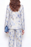 2-delige blauwe bloempiek revers jacquard eenknops damespakken