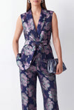 Navy Jacquard 2-delige sjaal revers Damespakken met riem