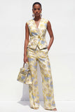 Yellow Flower 2-delige V-hals Jacquard Damespakken met één knoop