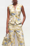 Yellow Flower 2-delige V-hals Jacquard Damespakken met één knoop