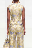 Yellow Flower 2-delige V-hals Jacquard Damespakken met één knoop